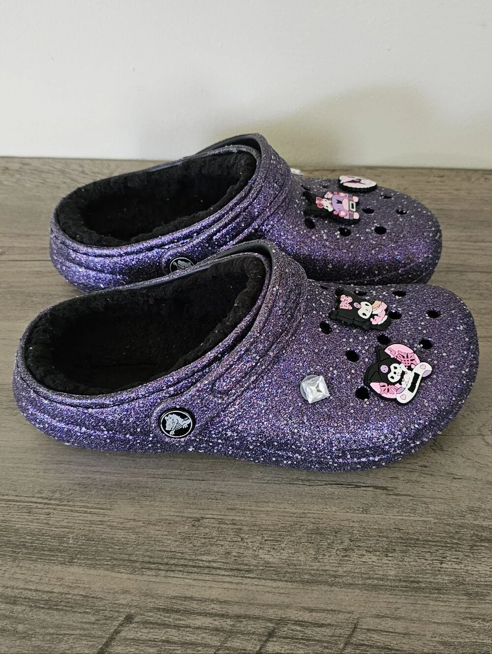 Crocs Classic Purple Space Glitter Plush Lined Clog Girl J1 Sandal Kuromi Charms